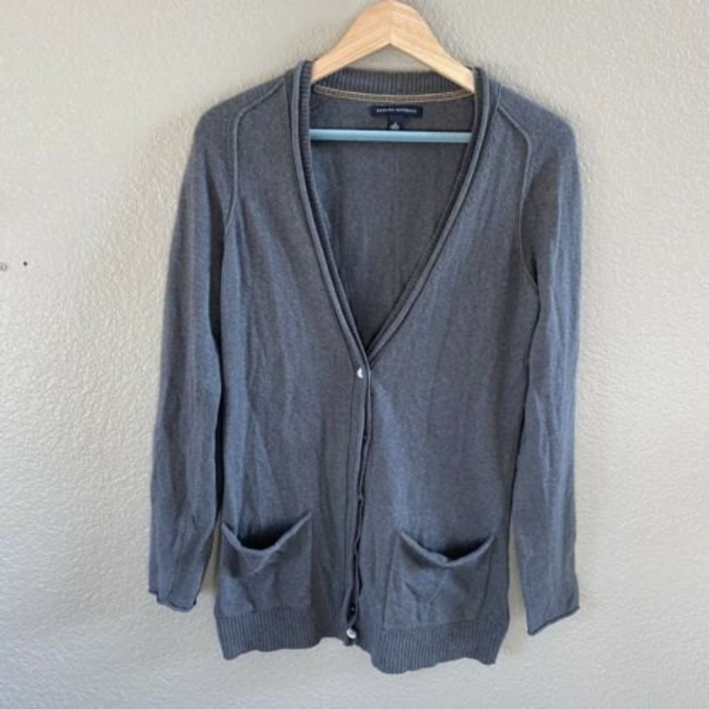 Banana Republic Wool Cashmere Blend Cardigan Pockets Grey Longline academia - Picture 1 of 10